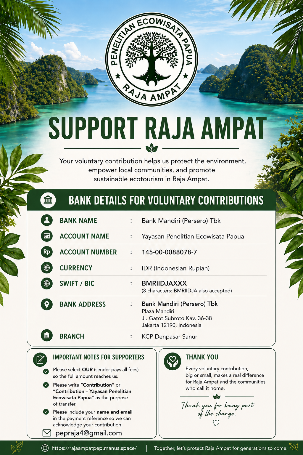 Support Raja Ampat – Bank details for voluntary contributions to Yayasan Penelitian Ecowisata Papua